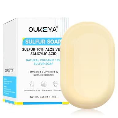 OUKEYA 10% Jabon De Azufre, Jabon Leche De Cabra, Ácido Salicílico, Aceite de Árbol de Té, Aloe Vera, Antibacteriano, Calmante, Limpieza Profunda, Reparación de la Barrera Cutánea, 115g