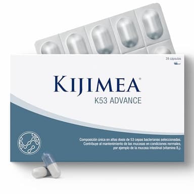 Kijimea K53 Advance - Cápsulas de bacterias intestinales de alta dosis, 53 cepas de microcultivos seleccionadas de la flora intestinal, con biotina, >500 mil millones de UFC por paquete - 28 cápsulas