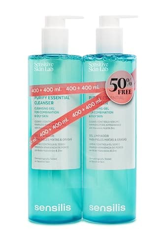 Sensilis - Purify Essential Cleanser Gel Limpiador, Purificante y Matificante para Pieles Mixtas y Grasas con Ácido Hialurónico y Zinc, Regulador de Sebo, Equilibra la Piel - 2 x 400 ml
