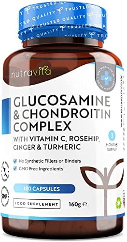 Glucosamina Condroitina Complejo con Vitamina C Cúrcuma Jengibre y Rosa Silvestre, 180 Cápsulas para 6 Meses - Suplementos Vitaminicos, Complementos alimenticios de Nutravita
