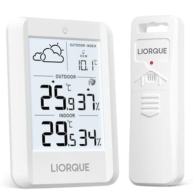 LIORQUE Estacion Meteorologica Interior Exterior, Termómetro Higrómetro con Sensor Exterior, Pantalla LCD Retroiluminada Temperatura Humedad Previsión Meteorológica
