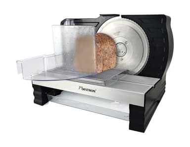 Bestron Cortador de pan con hoja de acero inoxidable RSG, fabricado en Alemania, ajuste de grosor de corte continuo de 0 a 20 mm, cortador con botón de cambio para funcionamiento automático y manual,
