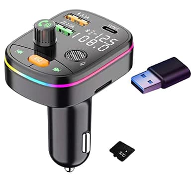 Voiakiu Transmisor FM Bluetooth 5.0 para Coche | Coche Bluetooth con retroiluminación LED 7 Colores con Carga QC3.0 | Compatible con el Asistente Manos Libres Google