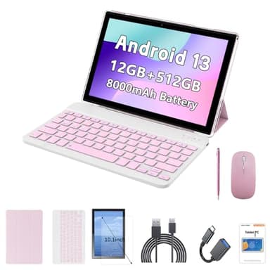 Crelander Tablet Android 13 de 10,1 pulgadas con ranura para tarjeta SIM 4G LTE Calling, batería de 12 GB + 512 GB, batería de 8000 mAh, cámara dual, Bluetooth/WiFi, paquete con funda, teclado, ratón