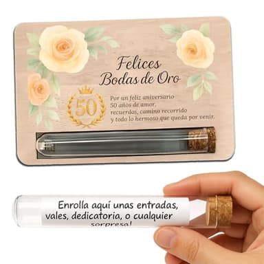 Tarjeta regalo en madera para 50 aniversario – Detalle con tubo sorpresa para mensajes, vales o recuerdos – Regalos para bodas de oro originales y personalizados