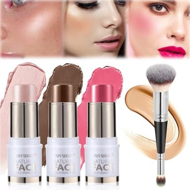 3 unidades de contorno facial Stick, colorete, contorno iluminador, varita de belleza para colorete, impermeable ligero de maquillaje, acabado natural liso de larga duración