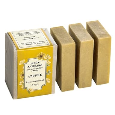 CABRERIZO SOAP JABON DE AZUFRE NATURAL con aceite de oliva - 3 ud. de jabón antibacterial Pack 3 x 75 g. Limpiador facial y corporal piel grasa, Jabones artesanales para acne espalda y puntos negros