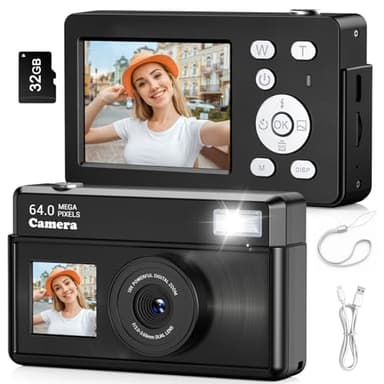 Teoryieer Cámara Digital, Cámara Compacta Digital 4K de 64 MP, Tarjeta de 32 GB, Antivibración, Zoom de 18 Aumentos, Cámara para Vlogs para Adolescentes y Adultos Principiantes (Negro)