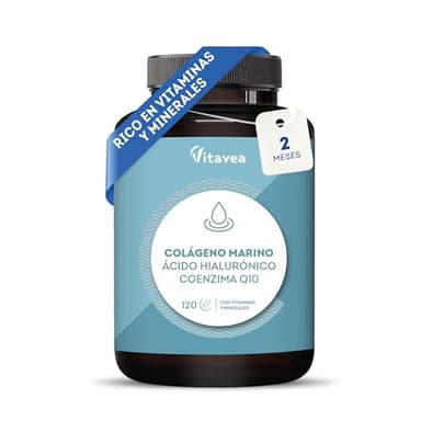 Colágeno Marino Hidrolizado + Magnesio + Ácido Hialurónico + Coenzima Q10-120 Cápsulas - Piel Radiante, Uñas y Cabello Saludables - Articulaciones y Huesos - Vitaminas A, C, D, B12 y Zinc- Vitavea