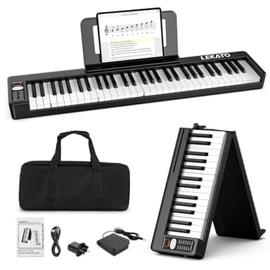 LEKATO Teclado de piano plegable de 61 teclas, teclas semipesadas, piano eléctrico portátil con bolsa de viaje, pedal de piano, amplificador MIDI Bluetooth para principiantes (Negro)
