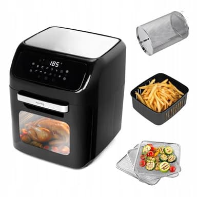 Huslog Freidora de Aire XXL 12L, Air Fryer y Mini Horno 1800W con 12 Programas, Pantalla LED Táctil, Ventana, Cesta y Pincho Giratorio, Rejillas, Cocina Saludable y Baja en Aceite, Negro