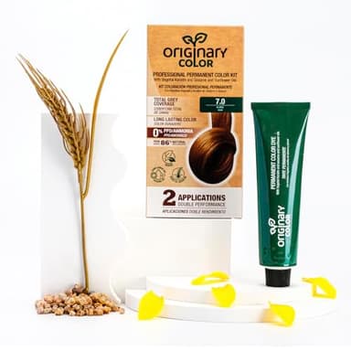 Originary Color - Kit de Coloración Profesional Permanente, Color 7-0 Rubio Medio 100 ml + Crema Oxidante 100 ml + Champú 30 ml | Fórmula sin amoniaco y sin PPD.