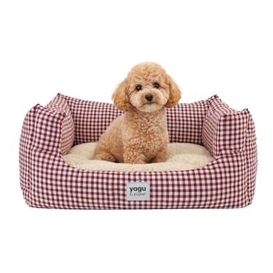YAGU - Cama para Perros y Gatos T-2 (63x47x23 cm) Cama Confort Diseño Vichy Grana con Interior de Borreguillo Suave. Cojín Reversible, Relleno de Fibra Reciclada, Lavable y Base Antideslizante
