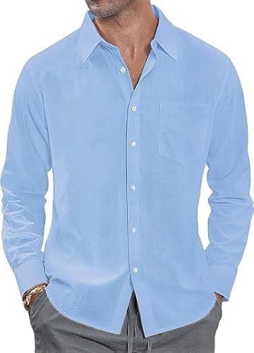 HAGOT Hombres Camisa de Manga Larga, Casual Camisa de Verano, Regular Ideal, para Ocasiones de Playa y Vestir, M, Azul