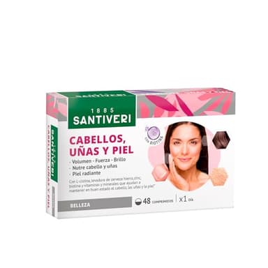 SANTIVERI - Cabellos, Uñas y Piel, Complemento Alimenticio a Base de L-Cistina, Levadura de Cerveza, Biotina y Vitaminas, que Contribuyen a Mantener el Estado del Cabello, Uñas y Piel - 48 Comprimidos