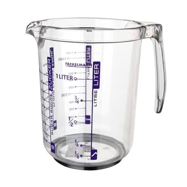 Fackelmann Jarra Medidora de Cocina, 1 litro de capacidad, con escala para medir líquidos, azúcar y harina, Plástico SAN Transparente. Medidas 17,5x12,5x16,5 cm, 1 ud