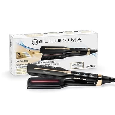 Bellissima Absolute Plancha Flexible de Infrarrojos, 4 Elementos Calefactores, Revestimiento de Cerámica y Queratina, 4 Temperaturas, Diseño Redondeado, Calentamiento Rápido, Bolsa de Belleza