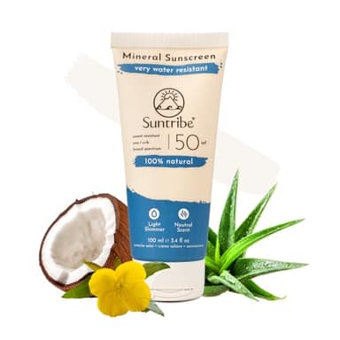 Crema Solar Natural Mineral Deporte FPS 50 Suntribe - 100 ml, Ecológica - 100% Natural y Segura para los Arrecifes, Filtros UV No-Nano Minerales, Muy Resistente al Agua & Sudor - Brillo Blanco