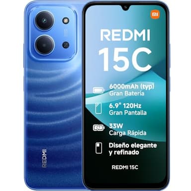 XIAOMI Redmi 15C - Smartphone de 4+256GB, Cámara Dual con IA de 50 MP, Pantalla inmersiva de 6,9" 120 Hz, Potente procesador octacore, Carga rápida de 33W, Cargador no Incluido, Azul (Versión ES)