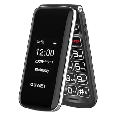 Guwet 2G Teléfono Móvil para Personas Mayores, Móvil con Tapa, Botón SOS, Batería de 1600 mAh, 2.4"+1.77" Doble Pantalla, Doble SIM con Doble Standby, Color Negro.