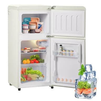 Oslghy Frigorífico Mini 60L, Frigorifico Pequeño con Congelador (22L+38L), Frigorifico Combi con LED luz, 88,8x45,5x42 cm Frigorífico no Frost con Estantes Ajustables, 102 kWh/año, -27°C∽13°C (White)