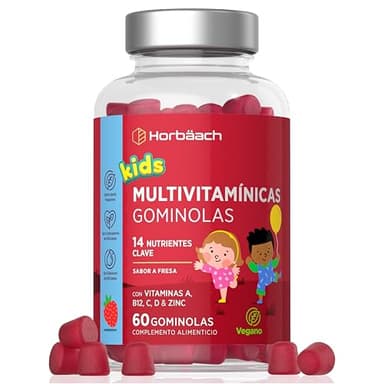 Gominolas Multivitaminas Niños | Sabor Fresa | 14 Vitaminas y Minerales con Biotina, Zinc, Ácido Fólico, Yodo, Colina | 60 Gummies Veganas | Multivitamin Gummies | by Horbaach