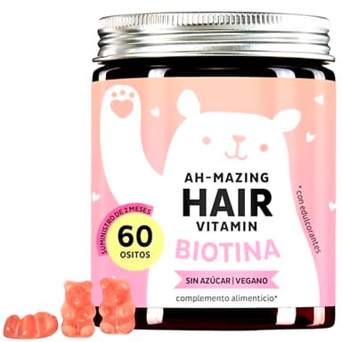 Gominolas de biotina Ah-mazing Hair – Vitaminas para Pelo, Piel y Uñas – 5000 µg de Biotina, Zinc, Vitaminas B6, B9, C, E – 60 Unidades (2 Meses), Veganas, Sin Azúcar, Bears with Benefits