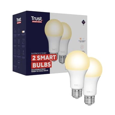 Trust WIFI CCT - E27-71298-02 Bombilla LED, Compatible con Alexa y Google Home, Luz LED Regulable, No Hub, 2.4GHz Bombilla LED E27, Bombilla Inteligente, Luz Blanca de Cálida a Fría – Pack de 2