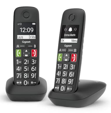 Gigaset E290 Duo - Teléfono Fijo Inalámbrico con Teclas Grandes, Adecuado para Personas Mayores, Pantalla de Alta Visibilidad, Manos Libres, Compatible con Audífonos, Negro