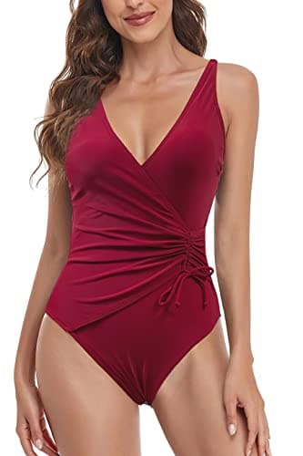 JFAN Bañador para Mujer Escote en V Trajes de Baño de Una Pieza para Mujer Cordón Bikinis Push Up Monokini Borgoña L