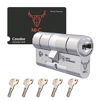 M&C Bombillo Condor Ciliindro Cerradura Alta Seguridad Anti Topolino Leva Larga Doble Embrague Máxima Seguridad SKG 3 Estrellas 32x32mm Anti Bumping Resistente Taladro Pleateado 5 Llaves Incluidas