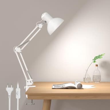 Lepro Lámpara Escritorio LED Industrial con Abrazadera Ajustable, Flexo LED Escritorio Metal Vintage 40W, Lámpara de Mesa de Noche para Cabecera, Estudio, Bombilla E27 No Incluida, Blanco