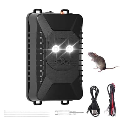 12V Ultrasónico Repelente de Martas para Automóviles, con Luz Intermitente, Ahuyentador de Topos para Automóviles, Ultrasónico Ahuyentador de Ratas, Ahuyentador de Gatos Exterior, para Cochera, Casa