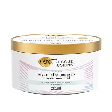 OGX Rescue Fusions Intense Hydration Recovery Hair Mask (285 ml), mascarilla pelo con aceite de argán y ácido hialurónico, tratamiento hidratante cabello que reduce la rotura
