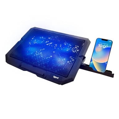 iggual – Base Refrigeradora Portátil de hasta 17” con 4 Ventiladores Silenciosos y Soporte para Móvil, Base Ajustable con 7 Alturas y Luz LED Azul, Incluye Cable USB-A (RP4V17)