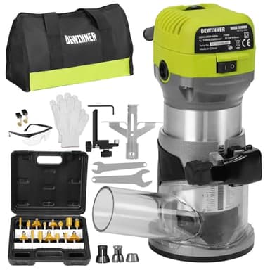 DEWINNER Fresadora De Madera Rebajadora Eléctrica 710W 13000-33000 RPM, 6 Velocidades Variables, Pinza De Base Fija De 1/4''/6/8MM,Con Bolsa de lona, con 15PCS 1/4"Juego de Brocas para Madera