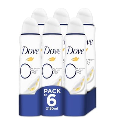 Desodorante en aerosol Dove 0% Original 72h, sin aluminio ni alcohol, para mujer con protección antibacteriana de zinc, 150 ml, paquete de 6 unidades (El embalaje puede variar)
