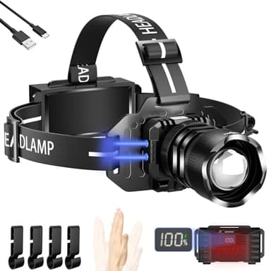 LEKIA Linterna Frontal LED Alta Potencia 90000 Lumens, Recargable USB C Linterna Frontal ajustable de 90°, Larga Duración, Linterna Cabeza con Zoom, 3 Modos para Ejecutar Camping Senderismo