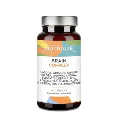 Nootropico Brain Complex - Memoria y Concentración - Bacopa Monnieri, Ginkgo Biloba, Colina, Ginseng, L-Tirosina + Vitaminas - Brain Complex 60 Cápsulas Nutralie