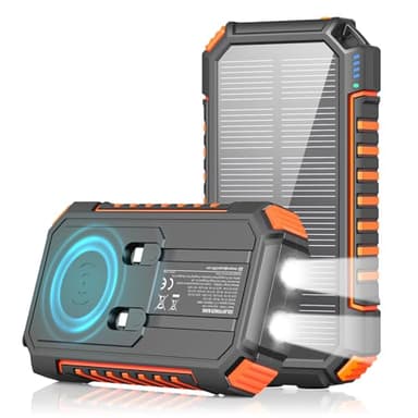 Cargador Solar Power Bank 27000mah - Riapow 22,5W Carga Rápida Batería Externa Inalámbrica con 2 Cables Integrado y Linternas, USB C PD QC 3.0 Salida Cargador Portátil para Teléfono Tabletas