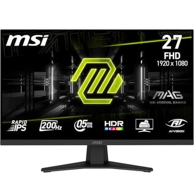 MSI mag 274F, 27", FHD, 1920x1080 - Monitor Gaming, Rapid IPS, 200Hz, 0.5ms, HDR Ready, Eye Care, HDMI 2.0b, DP 1.2a, Sin Marcos, Ajustable en inclinación, Soporte Vesa, Negro