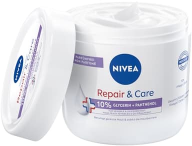 NIVEA Repair & Care Crema corporal sin perfume, hidratante y no grasa, loción de absorción rápida con pantenol y glicerina, para pieles sensibles y con picazón (400 ml)