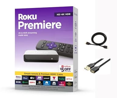 Roku 3920RW-SW Premiere | 4K/HDR Streaming Media Player Wi-Fi Enabled with Premium High Speed HDMI Cable and Simple Remote, with MTC HDMI Cable and USB Extension Cord