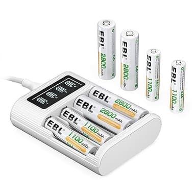 EBL 4 Ranuras Cargador Inteligente de Pilas AA AAA Recargables Ni-MH, 4 x 2800mAh Pilas AA, 4 x 1100mAh Pilas AAA, Puerto Micro USB/Tipo C