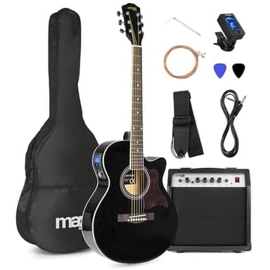 MAX Showkit Guitarra Electroacústica Negra con Amplificador, Funda, Afinador, Correa, 2 Púas y Juego de Cuerdas de Repuesto de Acero – Pack Completo Ideal para Principiantes y Músicos Aficionados