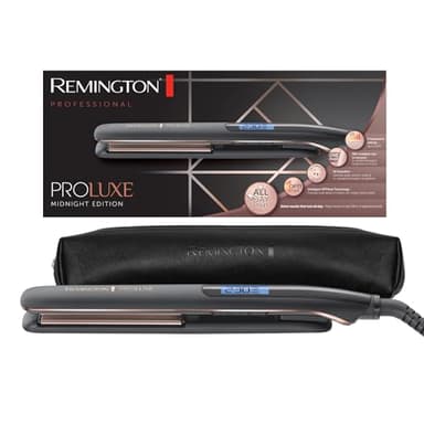 Remington Plancha de Pelo ProLuxe Midnight Edition, Tecnología OPTIHeat, Placas Flotantes Extralargas, Resultados Profesionales, Cerámica, 9 Temperaturas hasta 230°C, Ajuste Pro+, Digital, S9100B