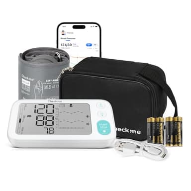 CheckMe BP3 Tensiómetro de brazo, memoria de 2 * 250 datos, manguito de 22-45 cm, validado clínicamente, detección de arritmias, gran pantalla doble, indicaciones de voz con APP