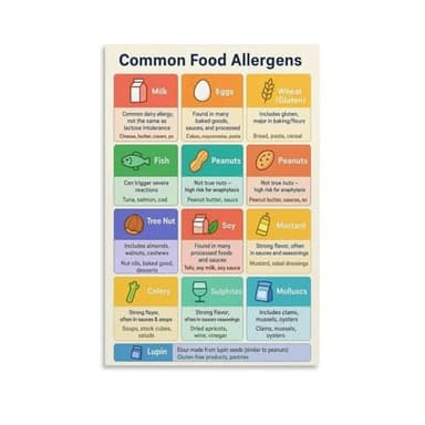 XGINERFEX Common Food Allergens Chart - Awareness & Education Poster, Tasteful Wall Decor for Kitchen, Dining Room, or Health-Conscious Households(Unframed,08x12inch(20x30cm))