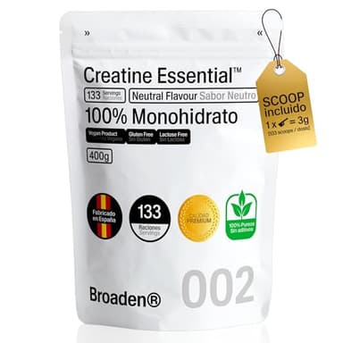 BROADEN® 400g Creatina Monohidrata en Polvo Sin Sabor con 133 Dosis | 100% Monohidrato de Creatina Micronizada | No Incluye Dosificador | Sin Añadidos | Sin OMG, Vegano, Sin Gluten (400 Gramos)