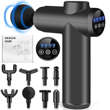 AQXONG Mini Pistola de Masaje Muscular, 99 Velocidades, Pistola de Masaje Ultrasilenciosa, 8 Cabezales de Masaje, Pantalla LCD, Batería de 2000mAh Masajeador Portátil - Alivia el Dolor Muscular